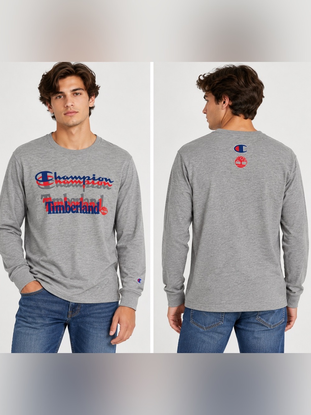 Champion Men's Grey Long Sleeve Logo Tee with Red & Blue Accents